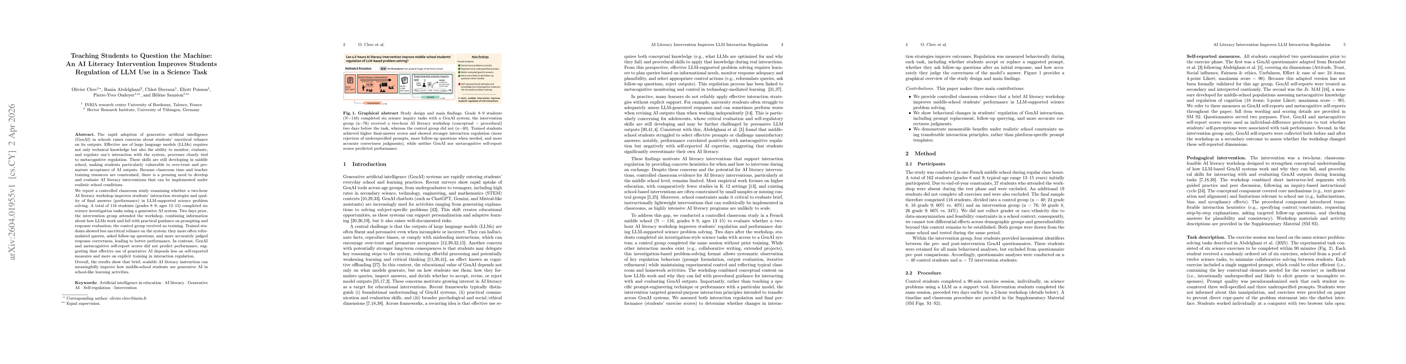 Thumbnail for Teaching Students to Question the Machine: An AI Literacy Intervention Improves Students' Regulation of LLM Use in a Science Task