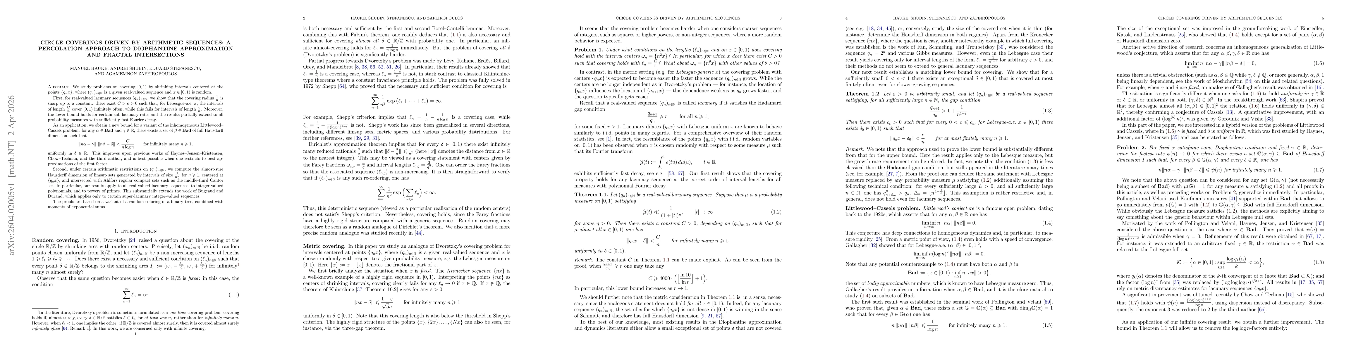 Thumbnail for Circle coverings driven by arithmetic sequences: a percolation approach to Diophantine approximation and fractal intersections