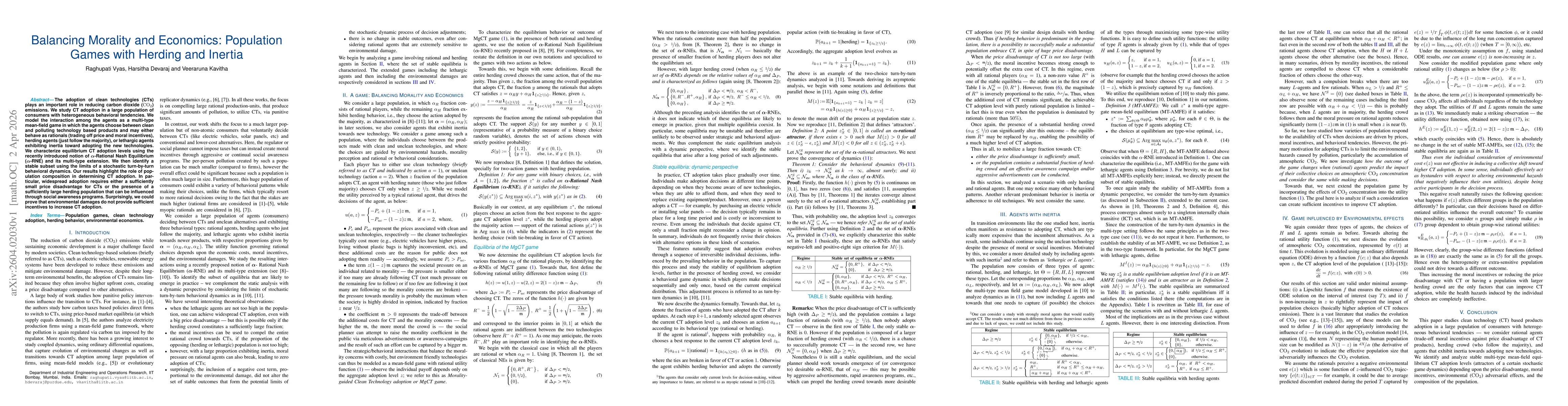 Thumbnail for Balancing Morality and Economics: Population Games with Herding and Inertia