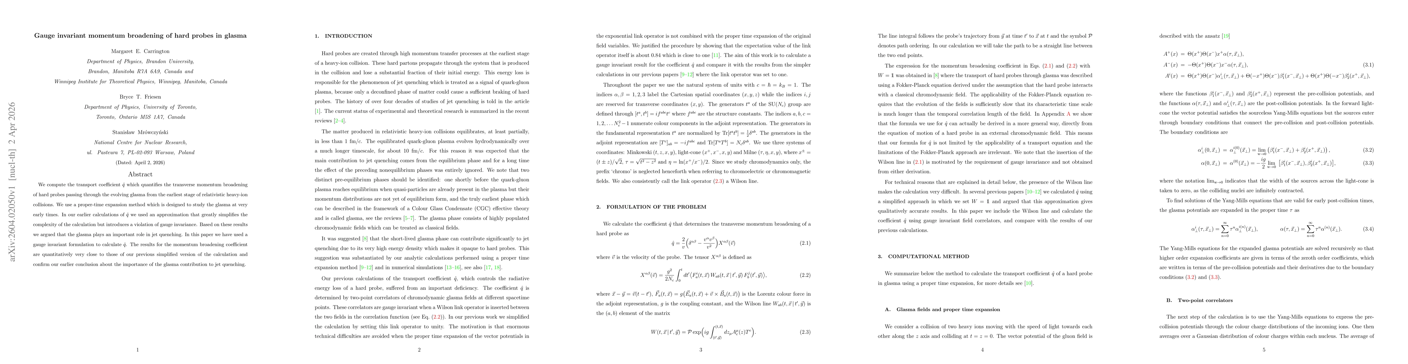 Thumbnail for Gauge invariant momentum broadening of hard probes in glasma