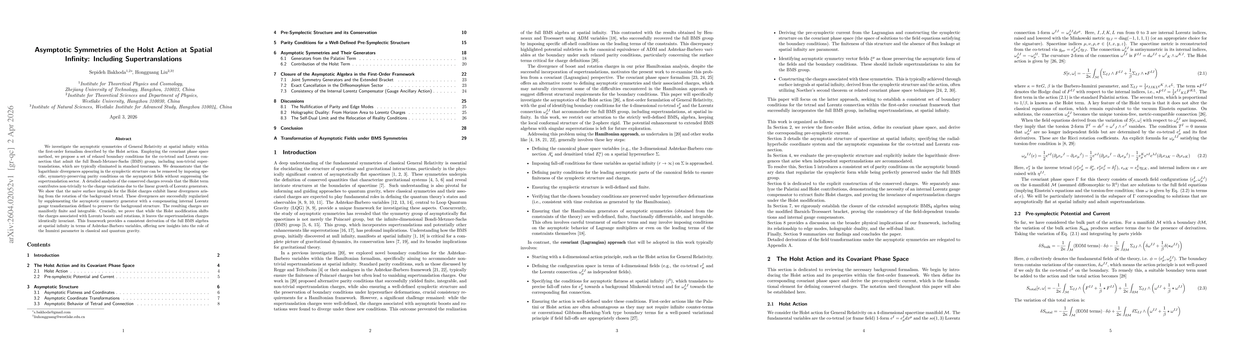 Thumbnail for Asymptotic Symmetries of the Holst Action at Spatial Infinity: Including Supertranslations