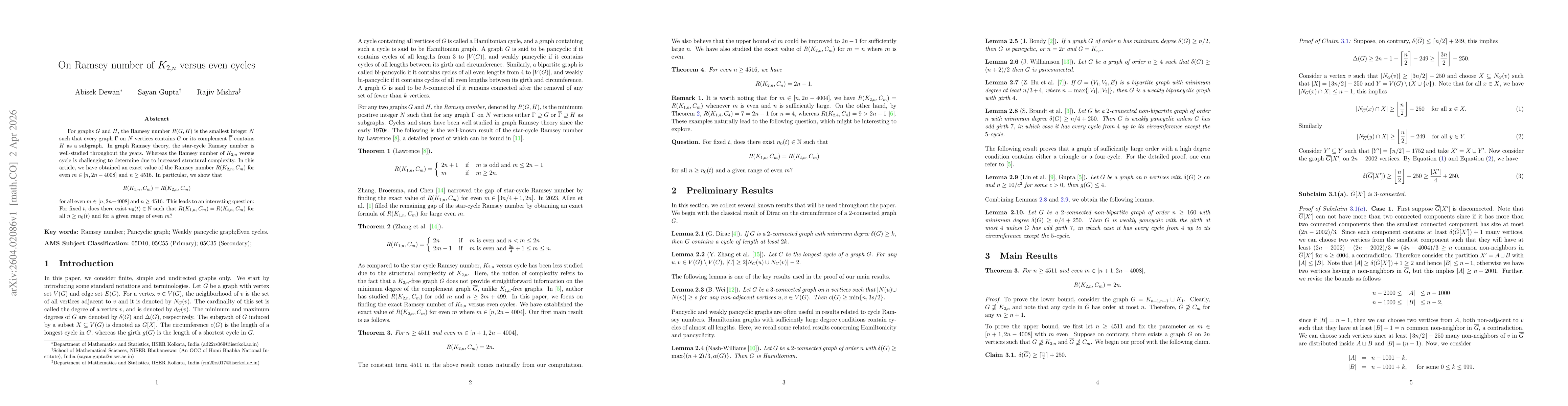 Thumbnail for On Ramsey number of $K_{2,n}$ versus even cycles