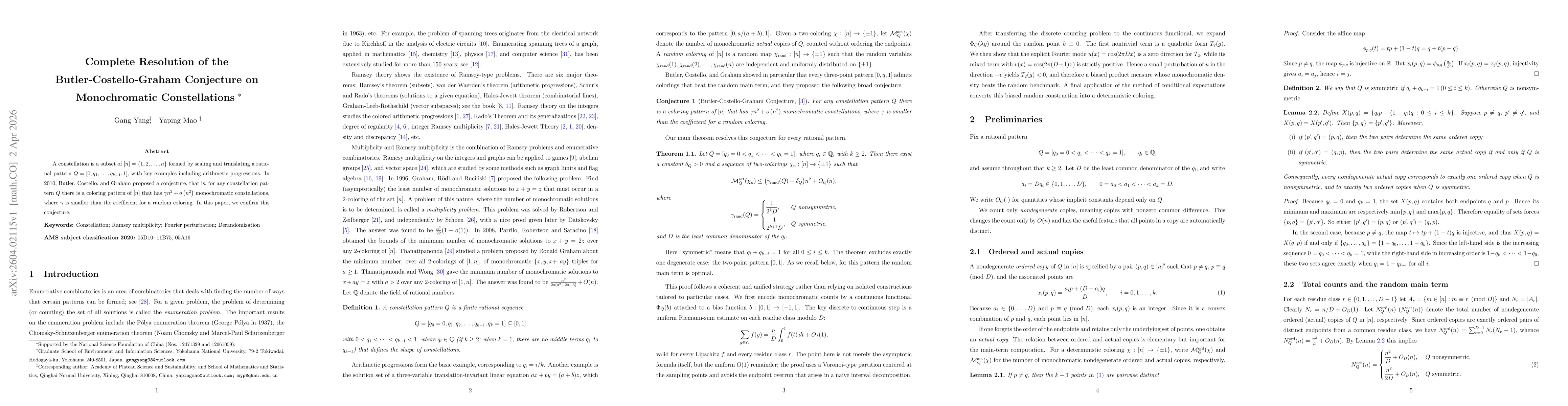 Thumbnail for Complete Resolution of the Butler-Costello-Graham Conjecture on Monochromatic Constellations