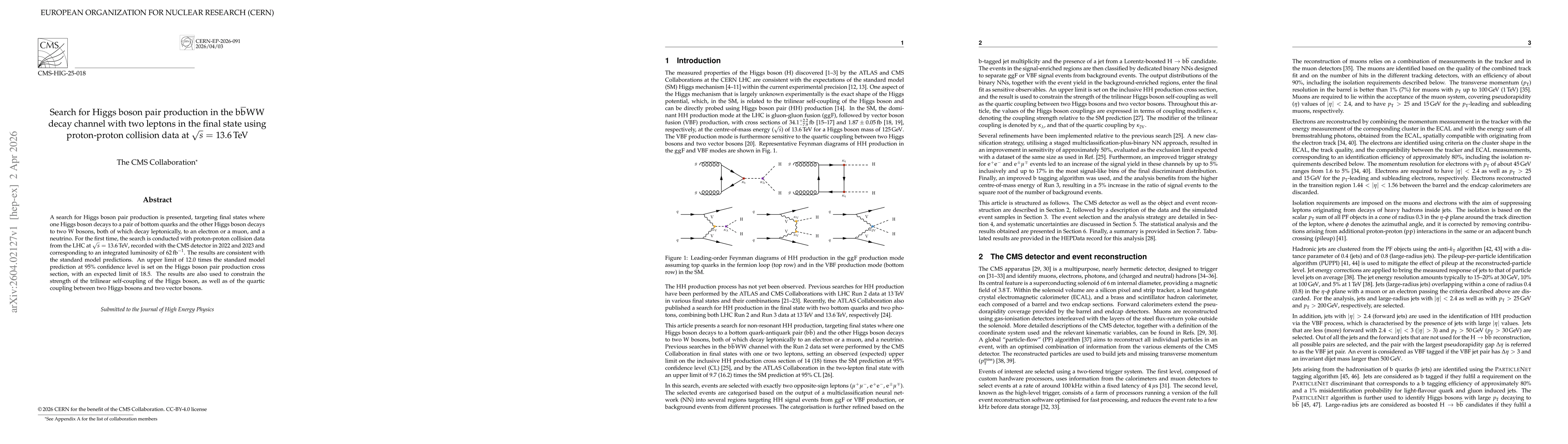 Thumbnail for Search for Higgs boson pair production in the $\mathrm{b\bar{b}WW}$ decay channel with two leptons in the final state using proton-proton collision data at $\sqrt{s}$ = 13.6 TeV
