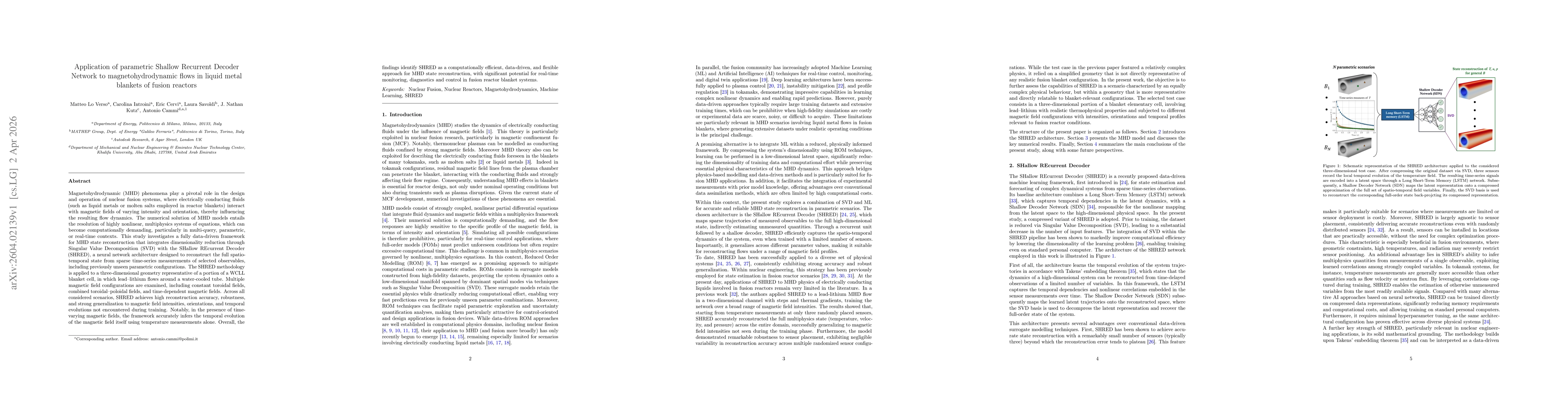 Thumbnail for Application of parametric Shallow Recurrent Decoder Network to magnetohydrodynamic flows in liquid metal blankets of fusion reactors