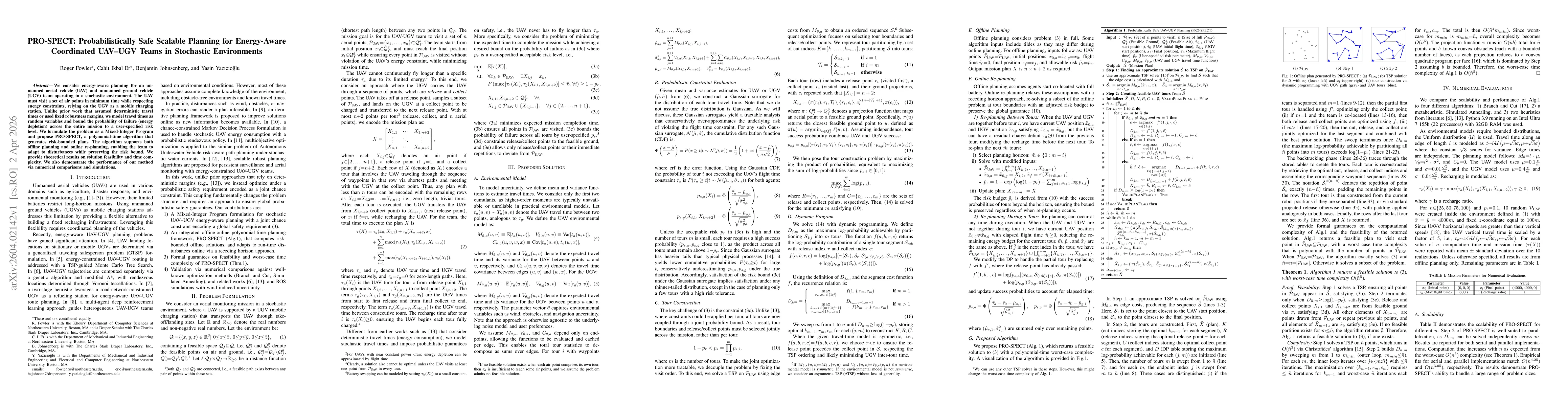 Thumbnail for PRO-SPECT: Probabilistically Safe Scalable Planning for Energy-Aware Coordinated UAV-UGV Teams in Stochastic Environments