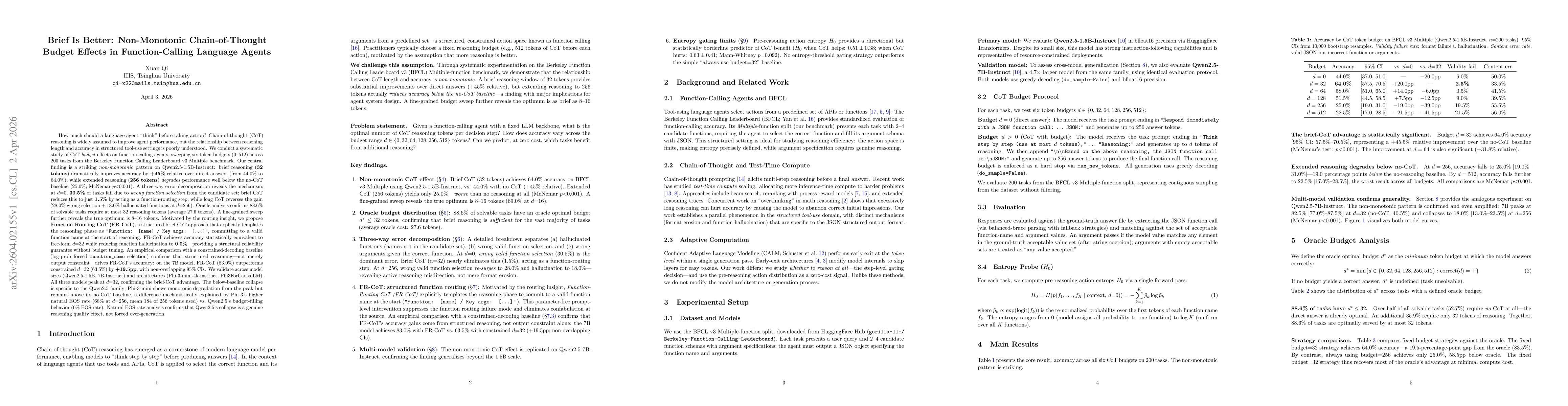 Thumbnail for Brief Is Better: Non-Monotonic Chain-of-Thought Budget Effects in Function-Calling Language Agents