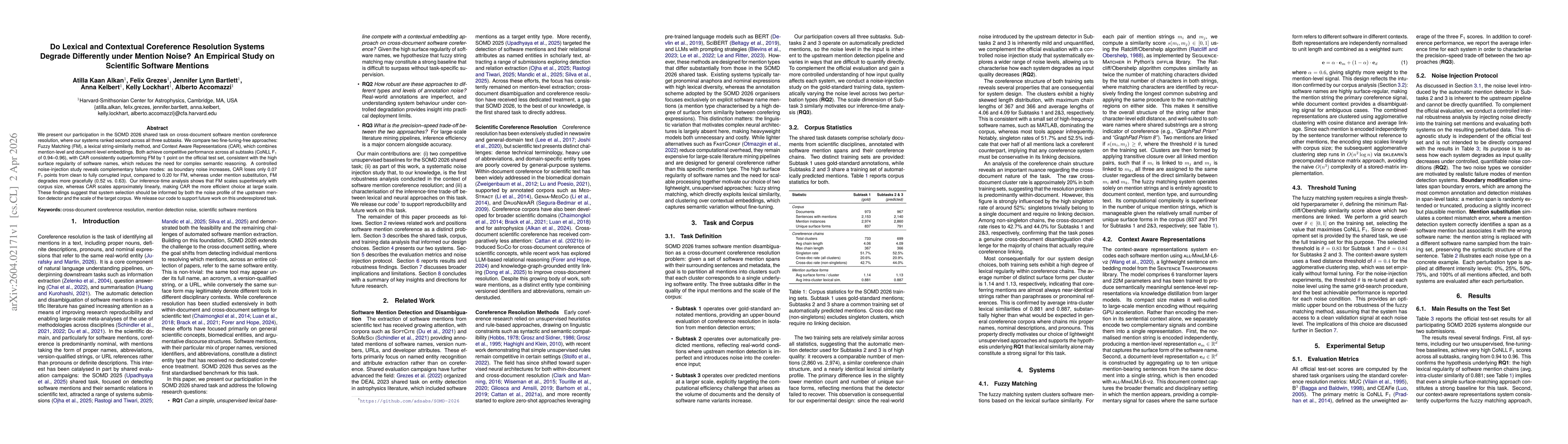 Thumbnail for Do Lexical and Contextual Coreference Resolution Systems Degrade Differently under Mention Noise? An Empirical Study on Scientific Software Mentions