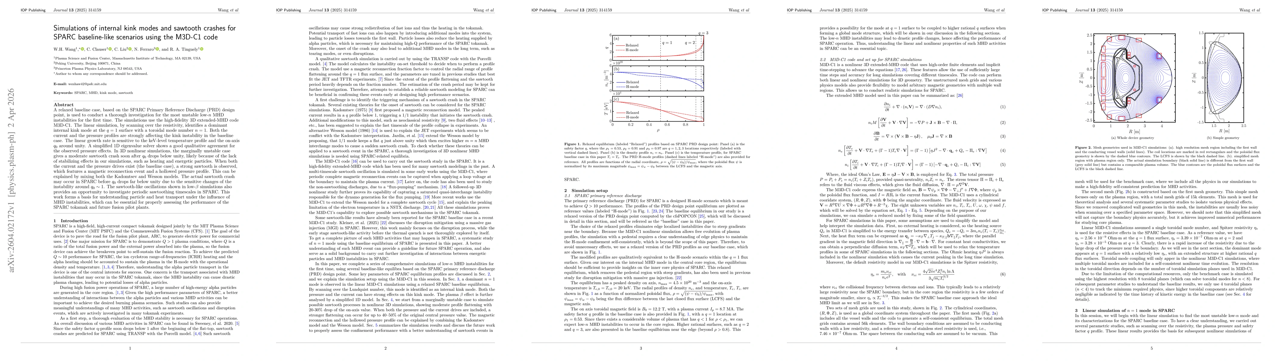 Thumbnail for Simulations of internal kink modes and sawtooth crashes for SPARC baseline-like scenarios using the M3D-C1 code