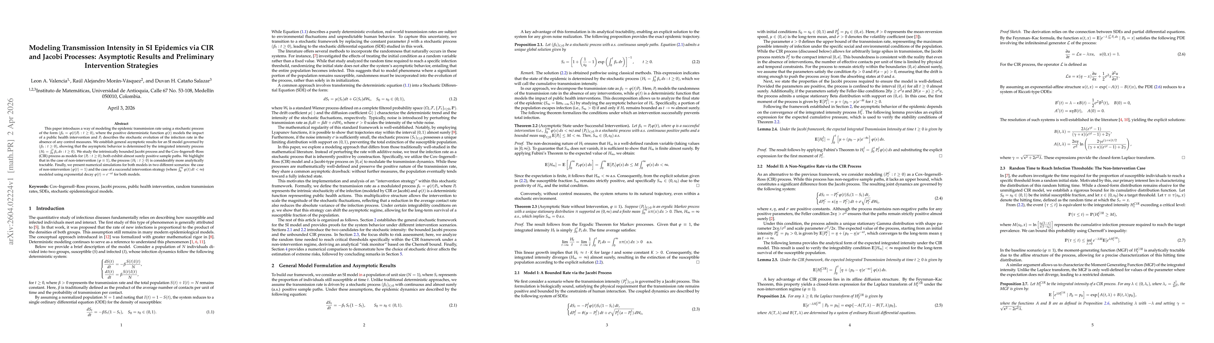 Thumbnail for Modeling Transmission Intensity in SI Epidemics via CIR and Jacobi Processes: Asymptotic Results and Preliminary Intervention Strategies