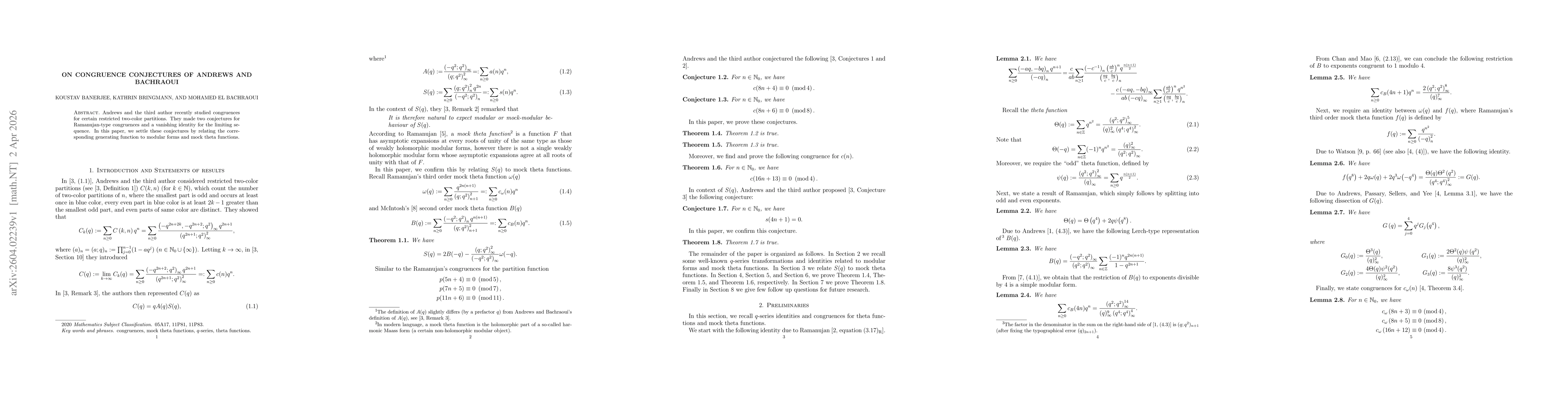Thumbnail for On congruence conjectures of Andrews and Bachraoui