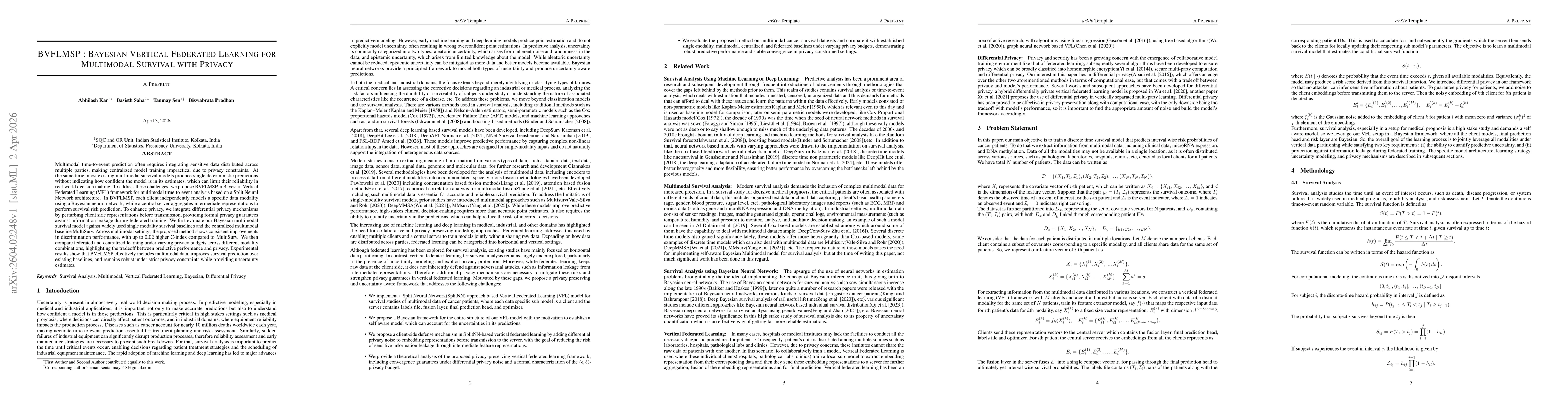 Thumbnail for BVFLMSP : Bayesian Vertical Federated Learning for Multimodal Survival with Privacy