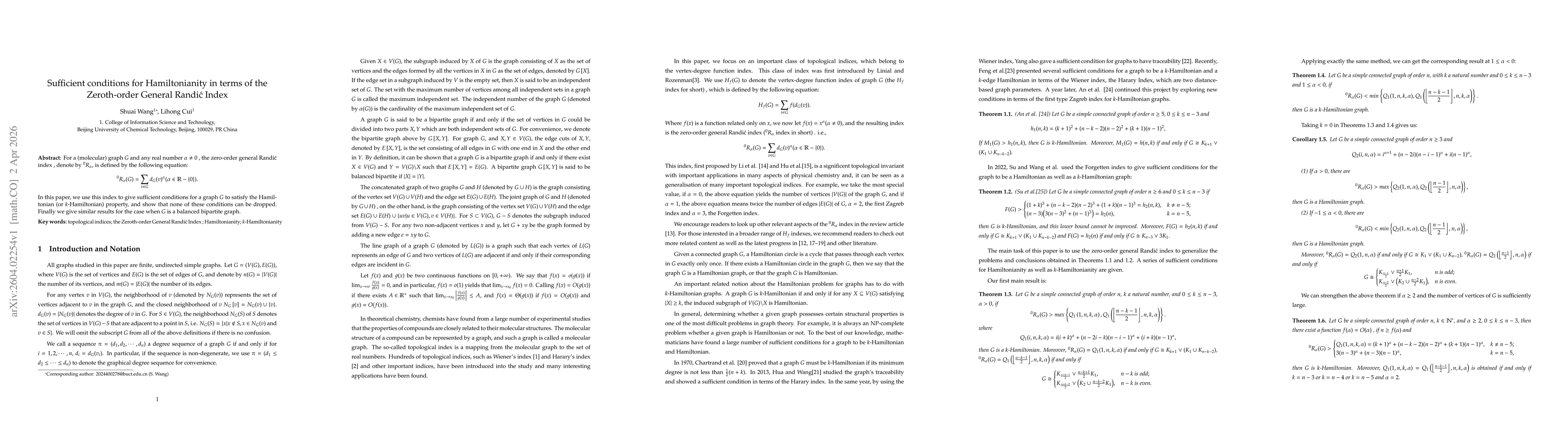 Thumbnail for Sufficient conditions for Hamiltonianity in terms of the Zeroth-order General Randić Index