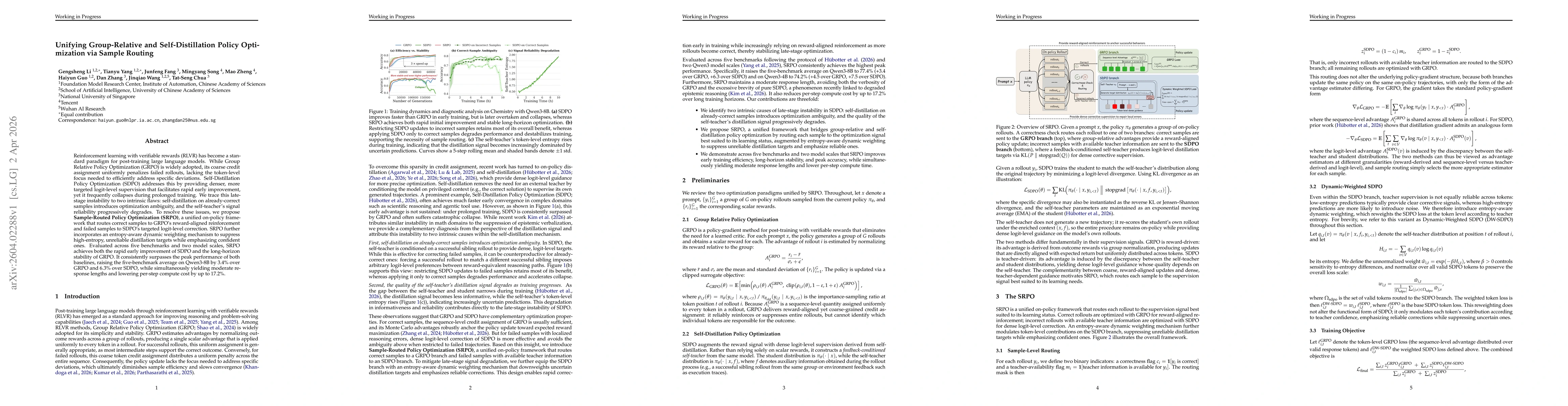 Thumbnail for Unifying Group-Relative and Self-Distillation Policy Optimization via Sample Routing