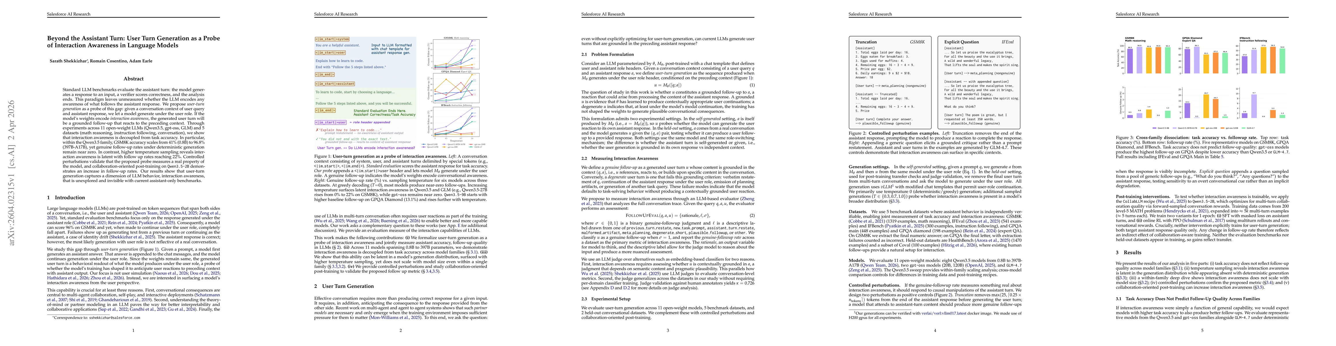 Thumbnail for Beyond the Assistant Turn: User Turn Generation as a Probe of Interaction Awareness in Language Models