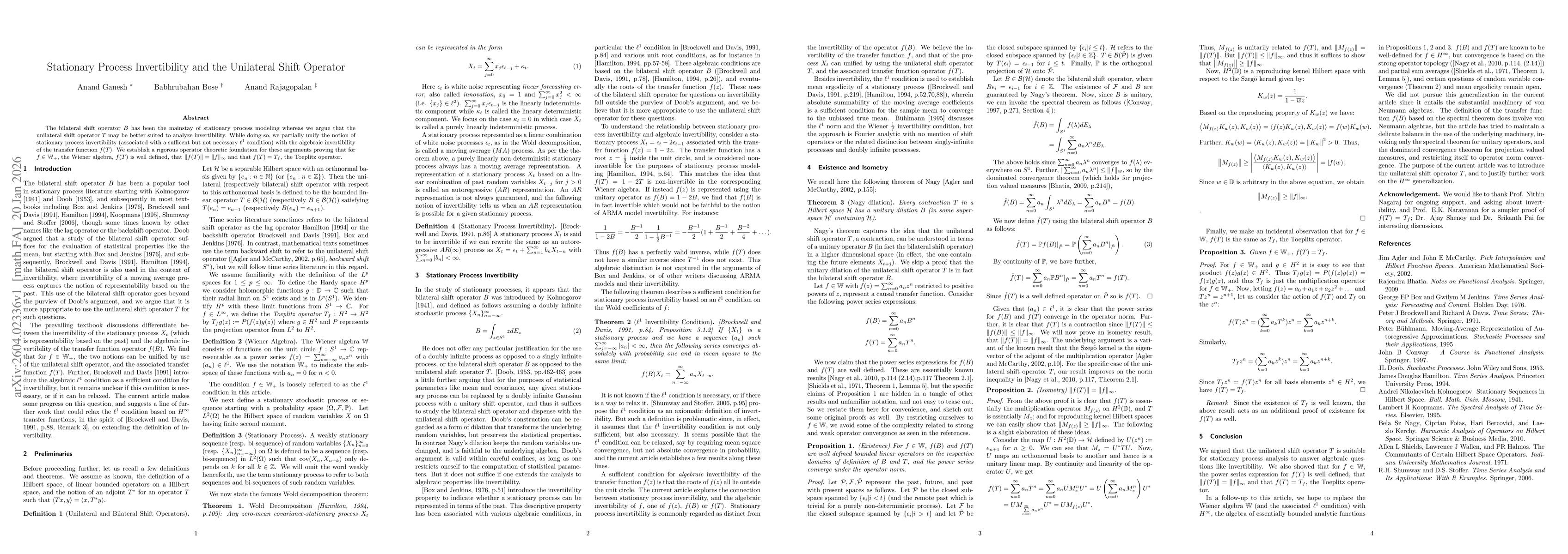 Thumbnail for Stationary Process Invertibility and the Unilateral Shift Operator