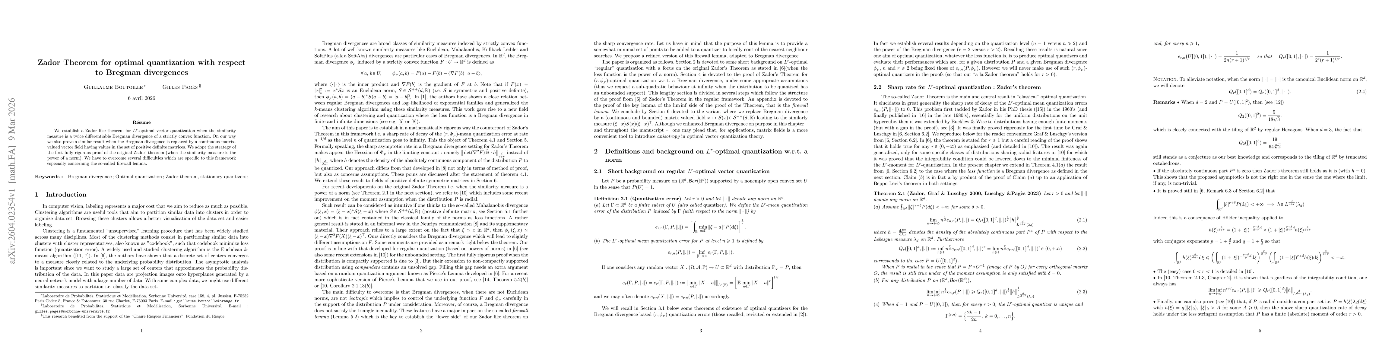 Thumbnail for Zador Theorem for optimal quantization with respect to Bregman divergences