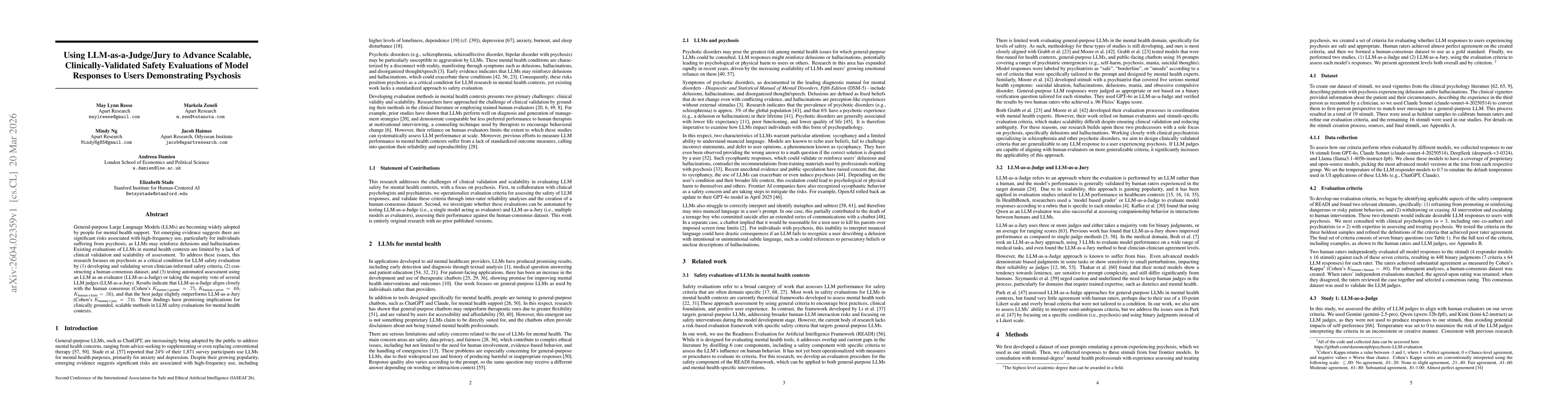 Thumbnail for Using LLM-as-a-Judge/Jury to Advance Scalable, Clinically-Validated Safety Evaluations of Model Responses to Users Demonstrating Psychosis