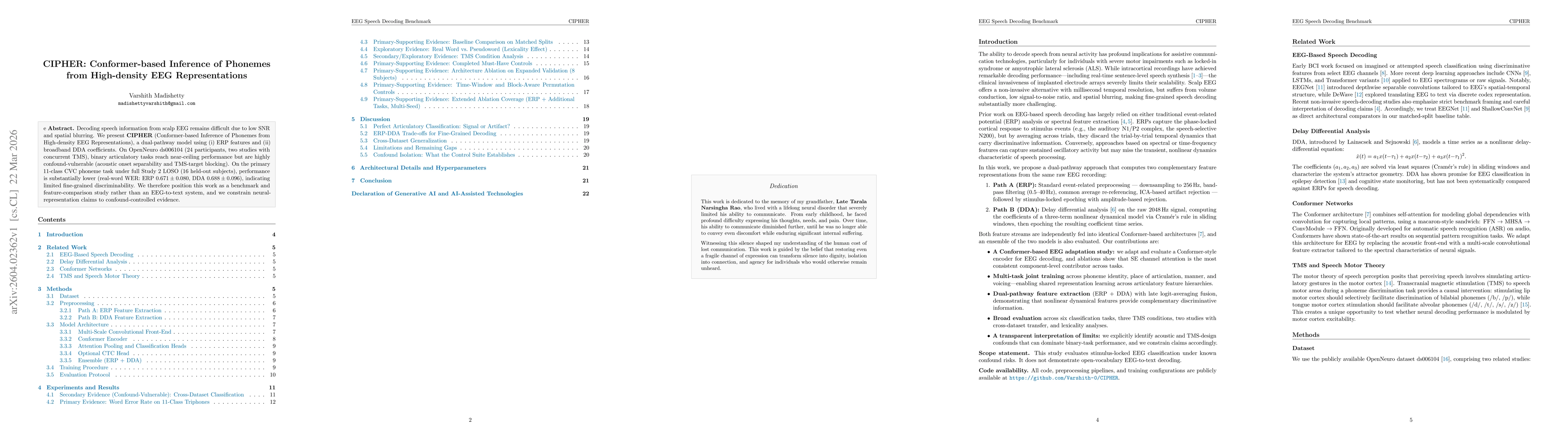 Thumbnail for CIPHER: Conformer-based Inference of Phonemes from High-density EEG