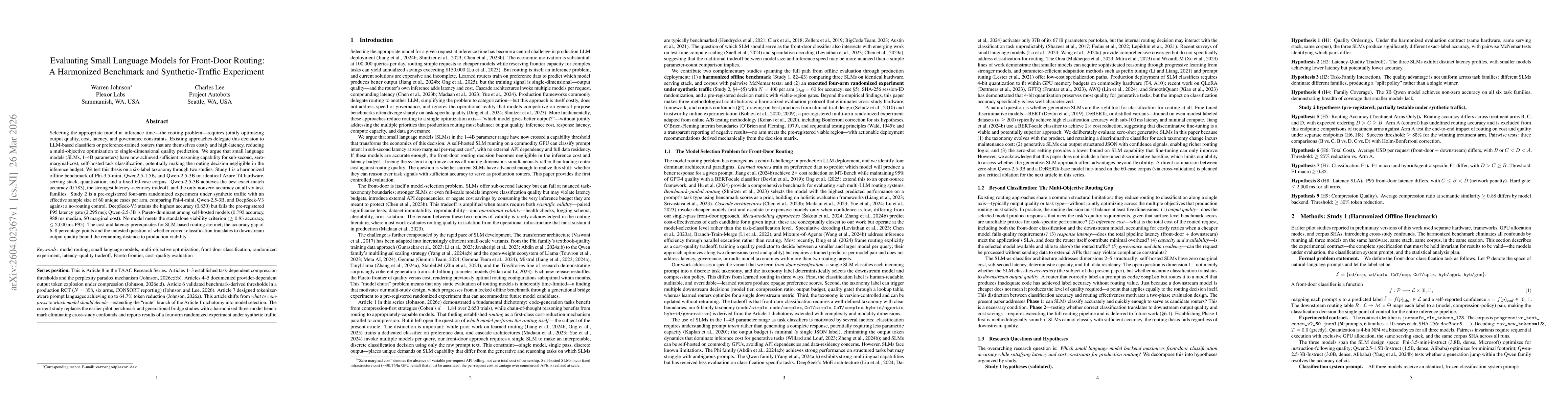 Thumbnail for Evaluating Small Language Models for Front-Door Routing: A Harmonized Benchmark and Synthetic-Traffic Experiment