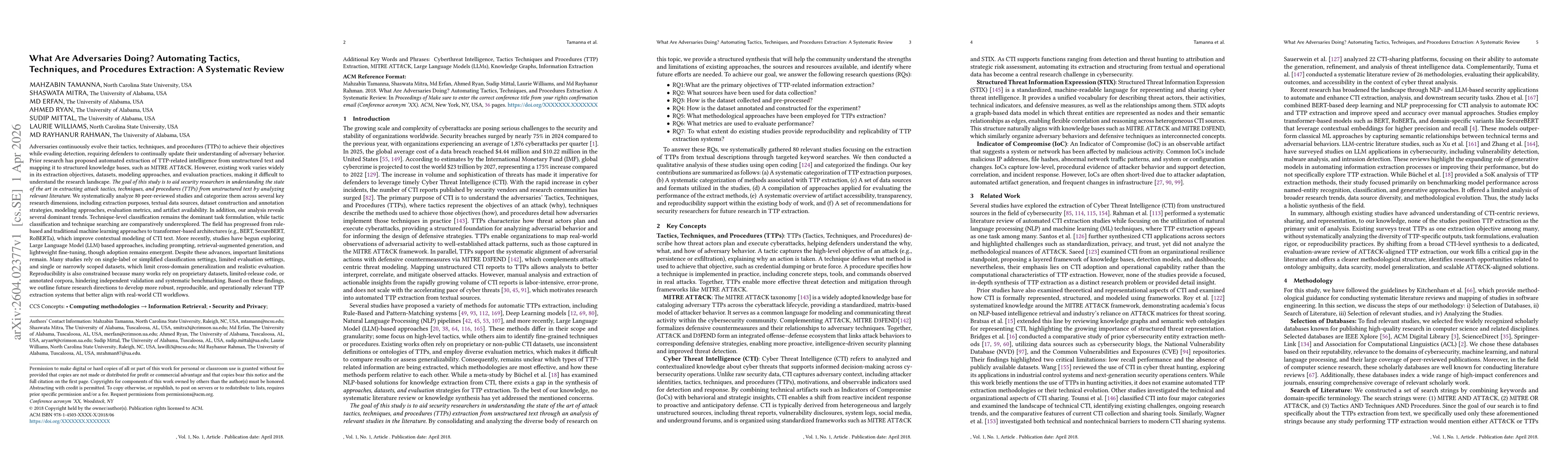 Thumbnail for What Are Adversaries Doing? Automating Tactics, Techniques, and Procedures Extraction: A Systematic Review