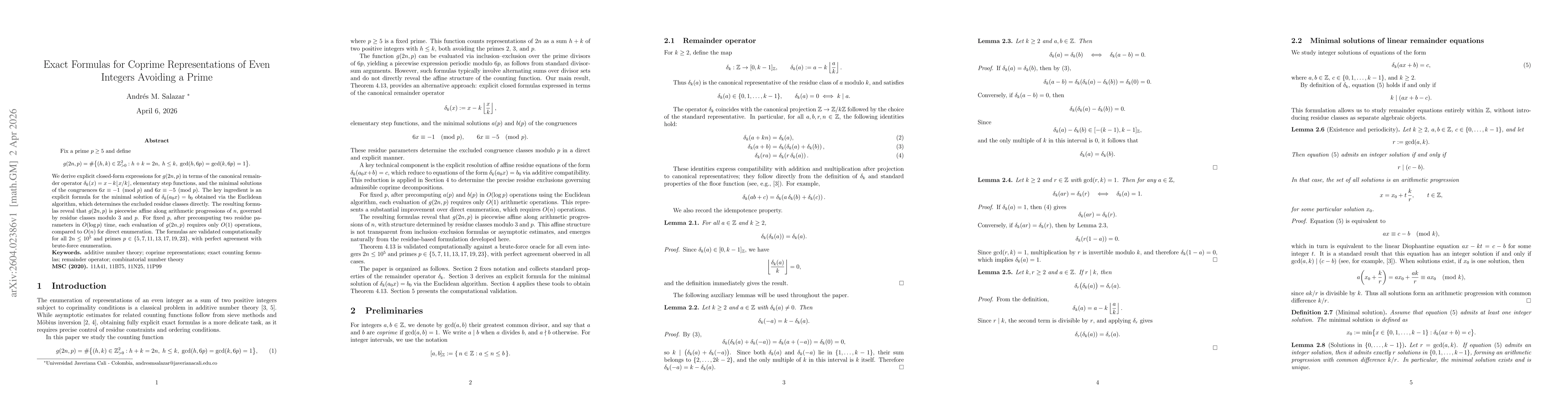 Thumbnail for Exact Formulas for Coprime Representations of Even Integers Avoiding a Prime