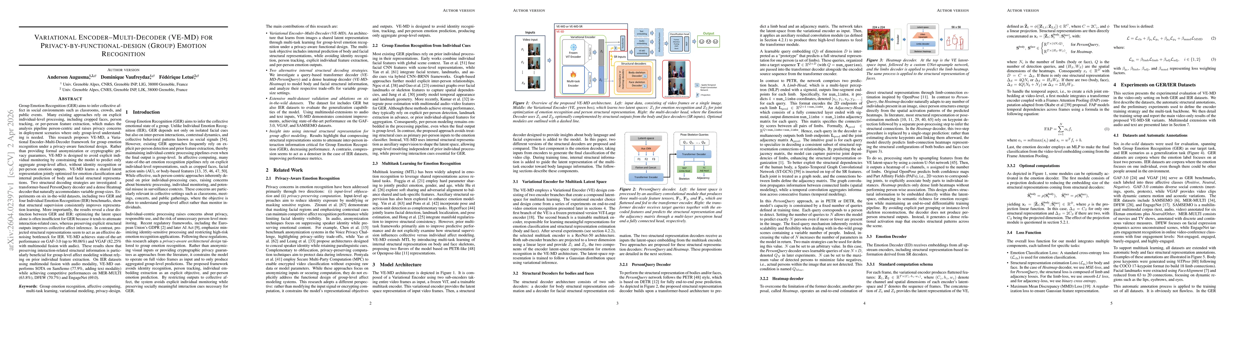 Thumbnail for Variational Encoder--Multi-Decoder (VE-MD) for Privacy-by-functional-design (Group) Emotion Recognition