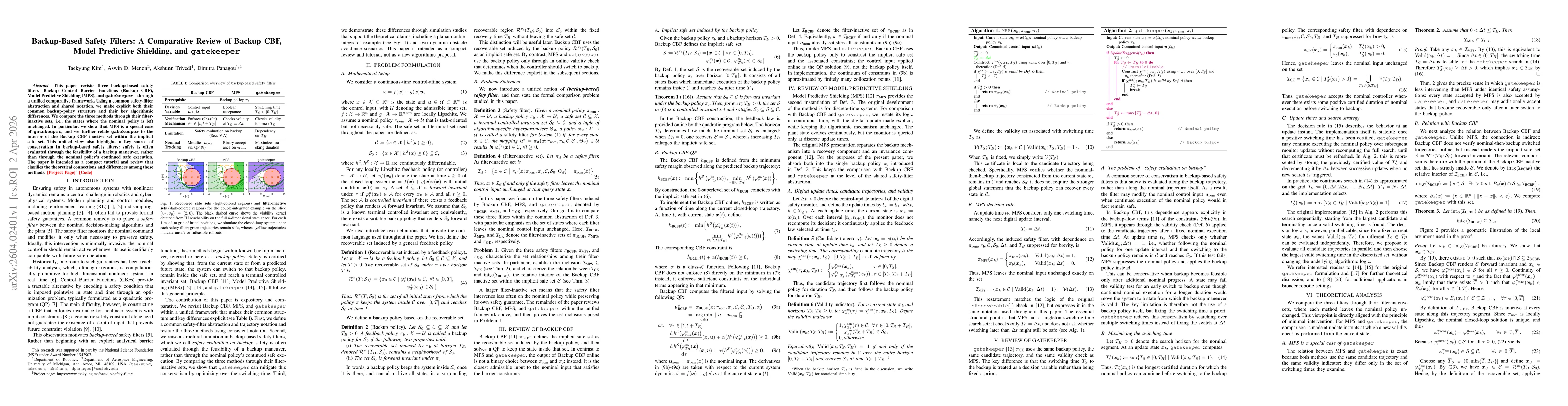 Thumbnail for Backup-Based Safety Filters: A Comparative Review of Backup CBF, Model Predictive Shielding, and gatekeeper