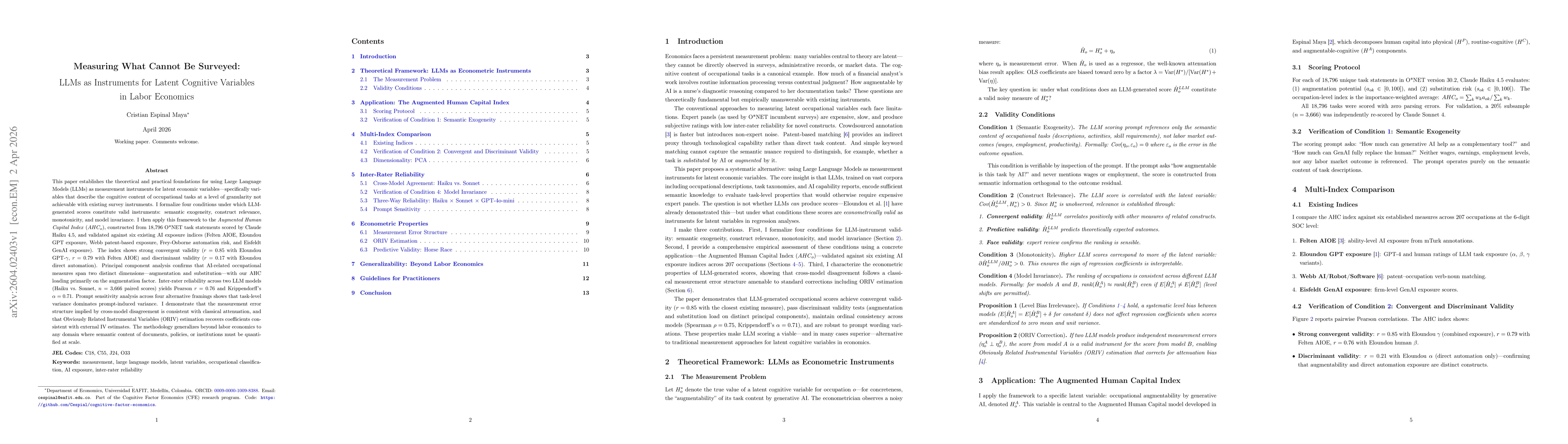 Thumbnail for Measuring What Cannot Be Surveyed: LLMs as Instruments for Latent Cognitive Variables in Labor Economics