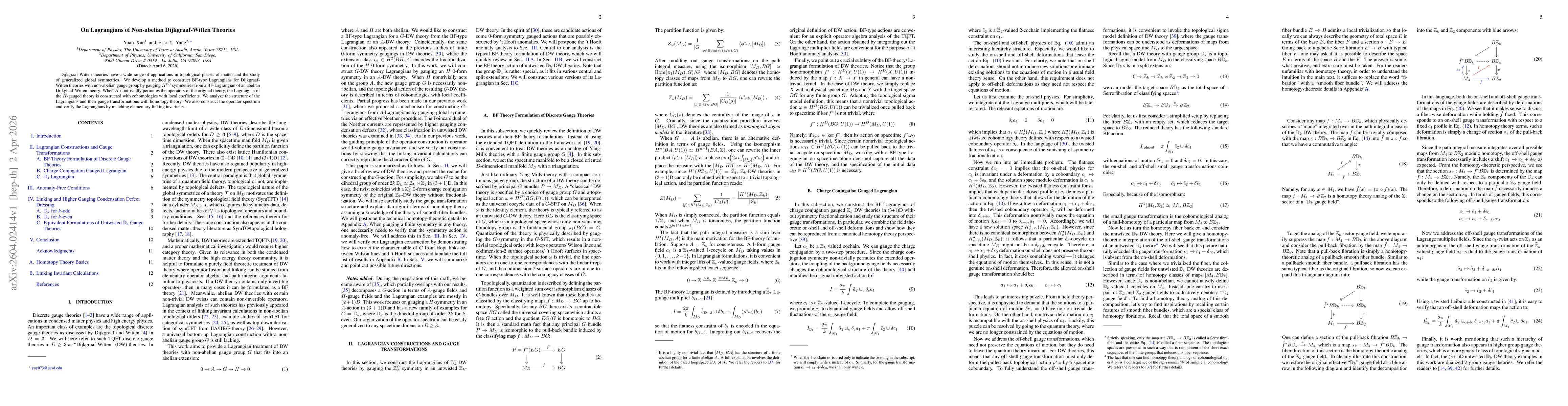 Thumbnail for On Lagrangians of Non-abelian Dijkgraaf-Witten Theories