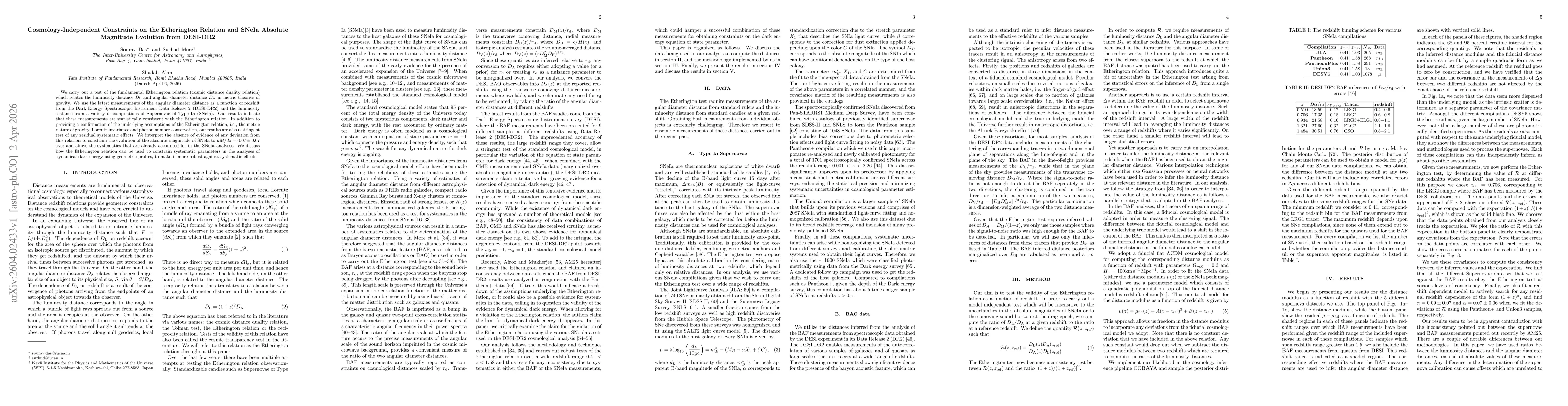 Thumbnail for Cosmology-Independent Constraints on the Etherington Relation and SNeIa Absolute Magnitude Evolution from DESI-DR2