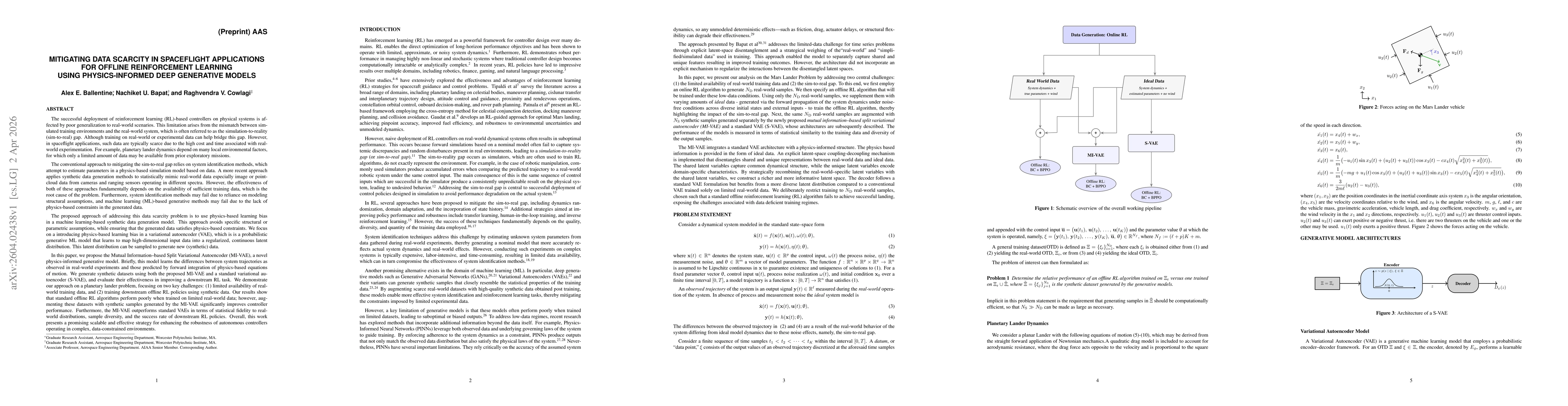 Thumbnail for Mitigating Data Scarcity in Spaceflight Applications for Offline Reinforcement Learning Using Physics-Informed Deep Generative Models
