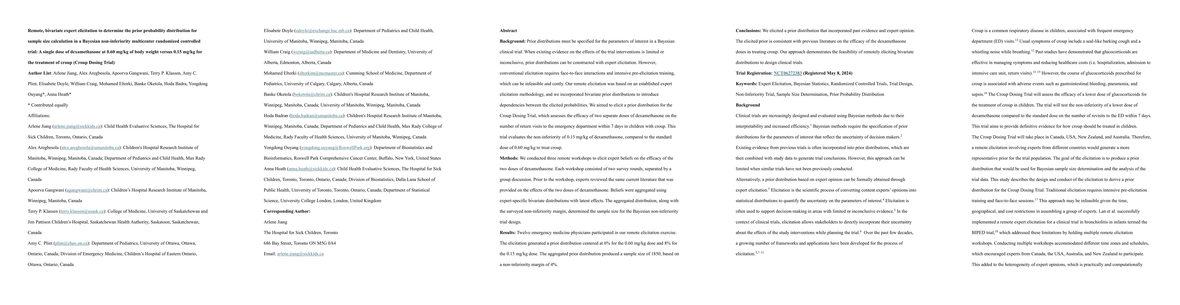 Thumbnail for Remote, bivariate expert elicitation to determine the prior probability distribution for sample size calculation in a Bayesian non-inferiority multicenter randomized controlled trial (Croup Dosing Trial)