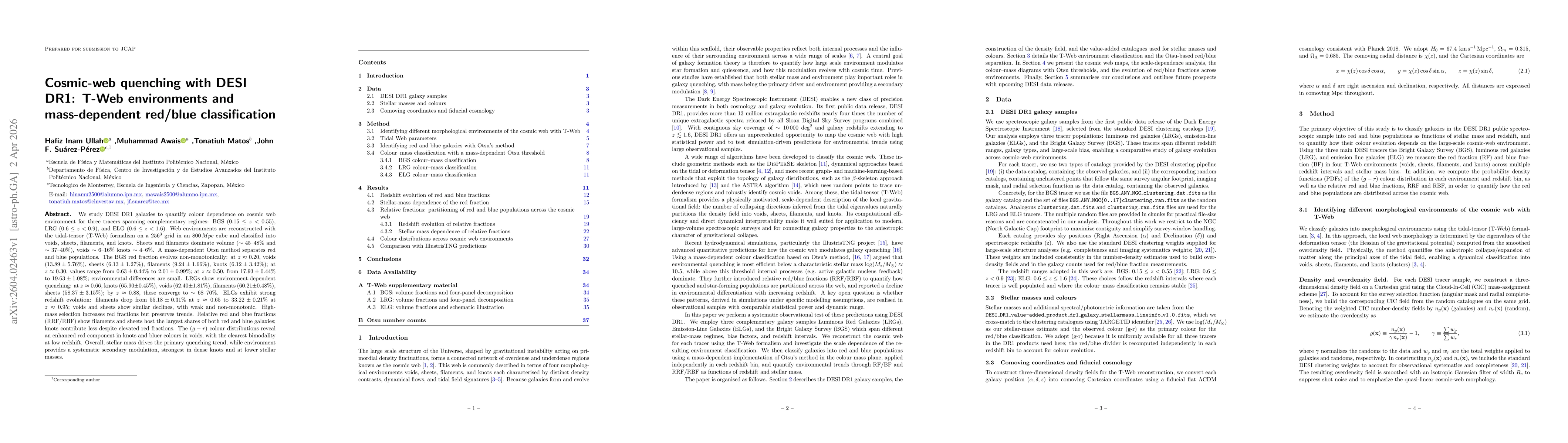 Thumbnail for Cosmic-web quenching with DESI DR1: T-Web environments and mass-dependent red/blue classification
