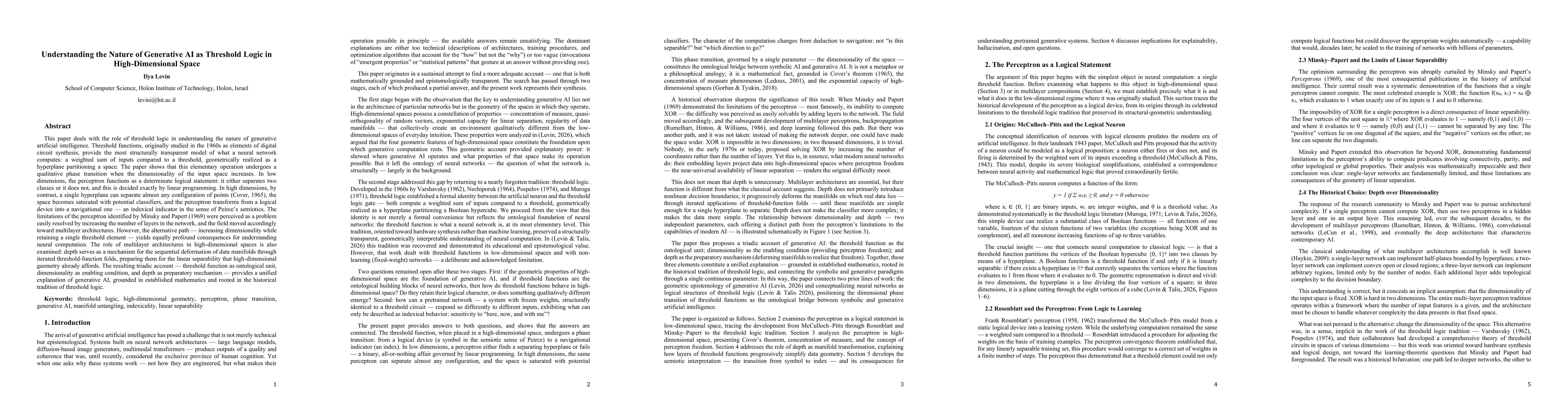 Thumbnail for Understanding the Nature of Generative AI as Threshold Logic in High-Dimensional Space