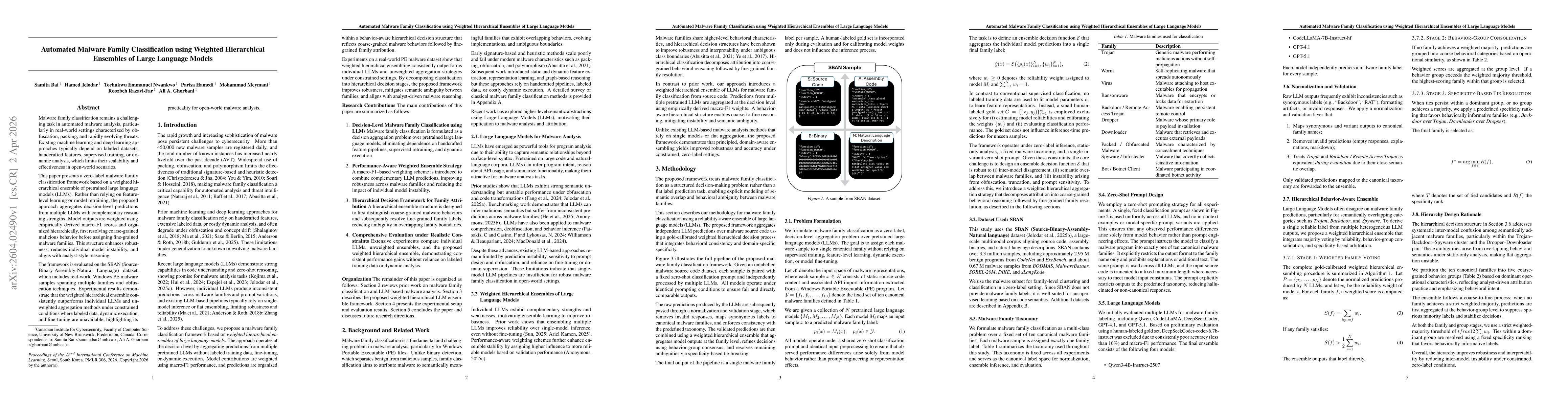 Thumbnail for Automated Malware Family Classification using Weighted Hierarchical Ensembles of Large Language Models