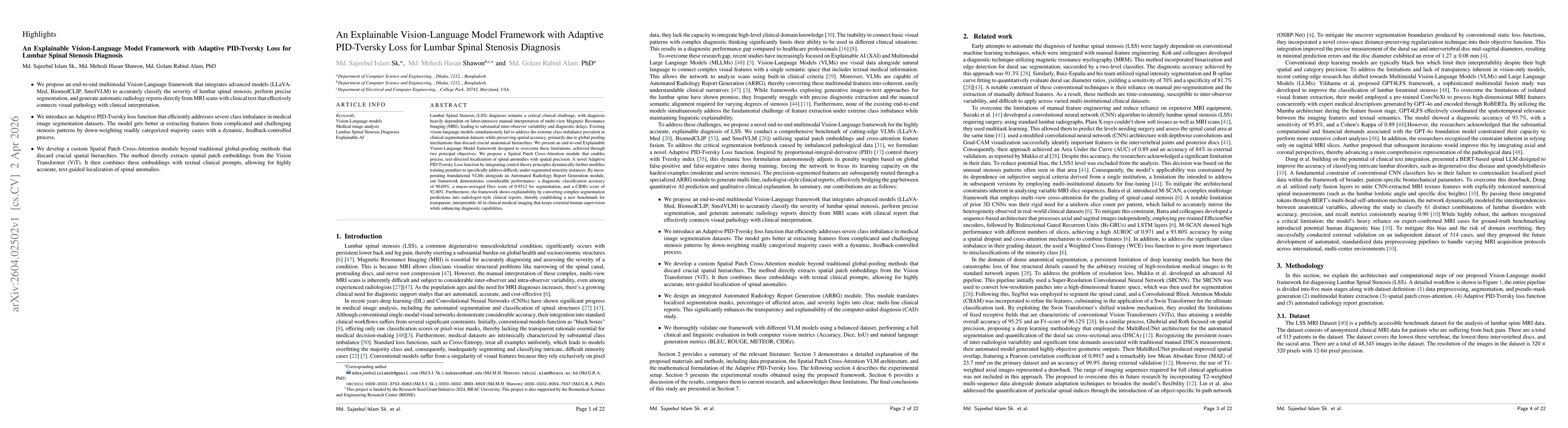 Thumbnail for An Explainable Vision-Language Model Framework with Adaptive PID-Tversky Loss for Lumbar Spinal Stenosis Diagnosis