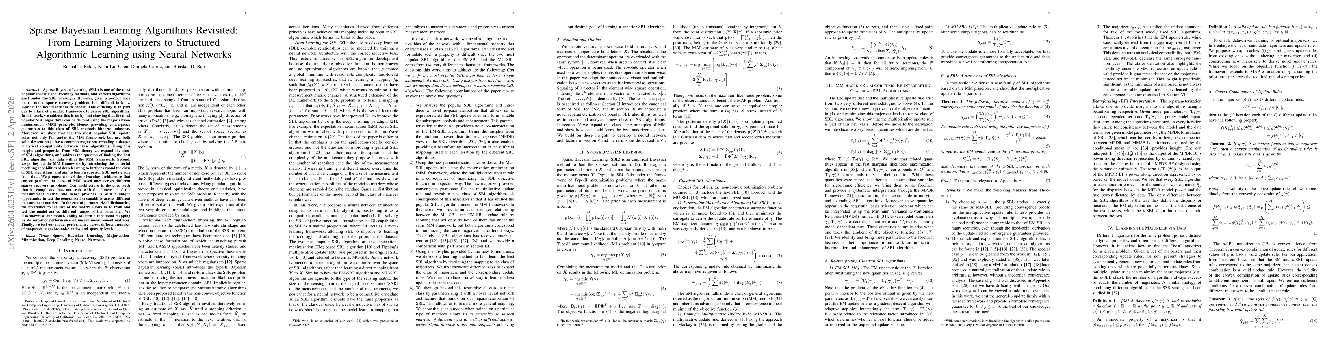 Thumbnail for Sparse Bayesian Learning Algorithms Revisited: From Learning Majorizers to Structured Algorithmic Learning using Neural Networks
