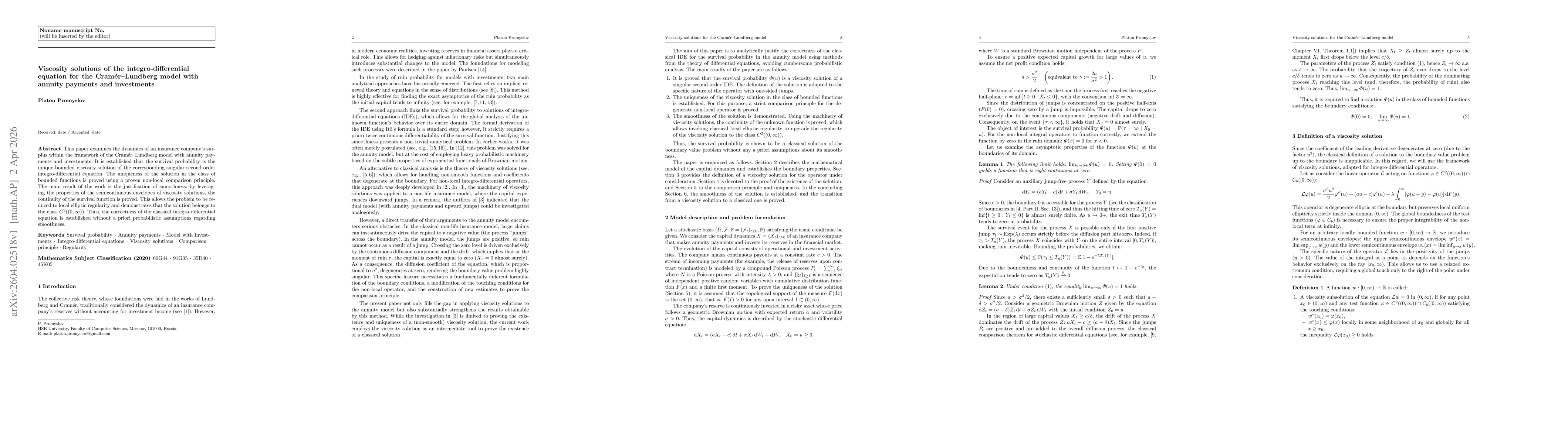 Thumbnail for Viscosity solutions of the integro-differential equation for the Cramér--Lundberg model with annuity payments and investments