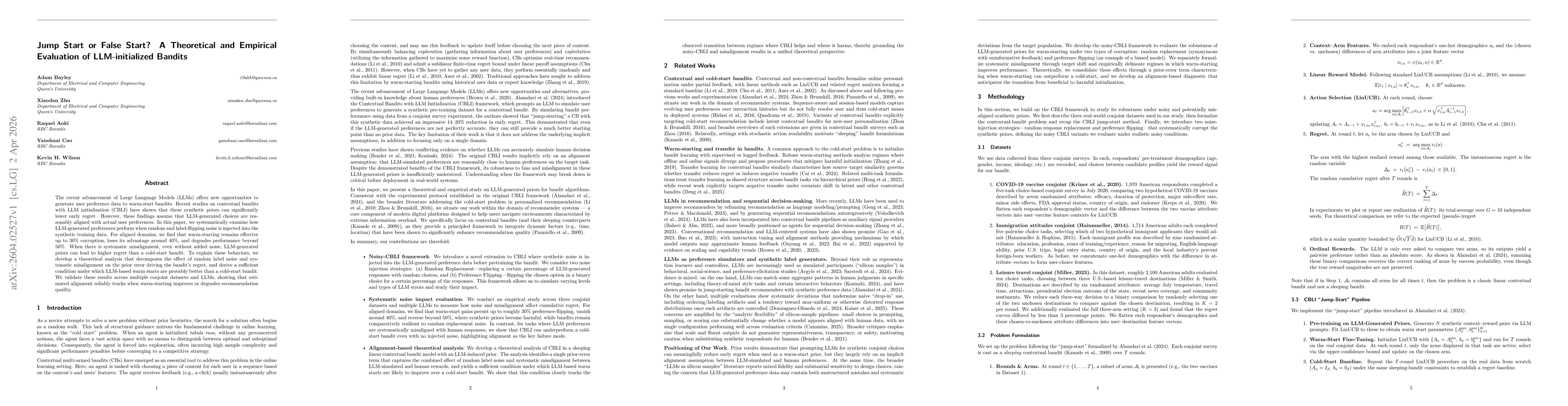 Thumbnail for Jump Start or False Start? A Theoretical and Empirical Evaluation of LLM-initialized Bandits