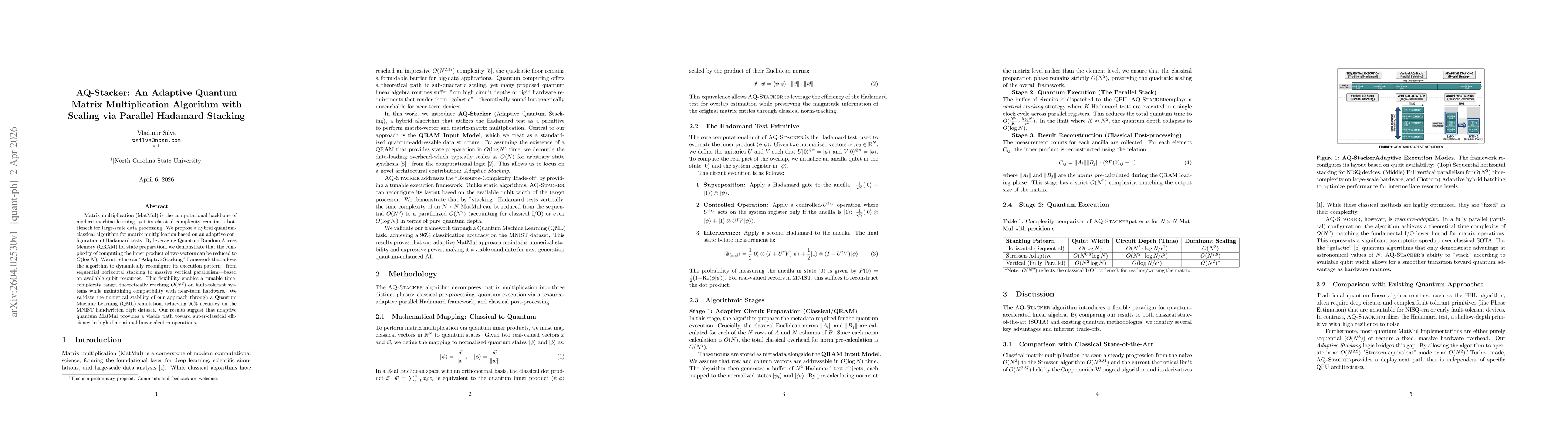 Thumbnail for AQ-Stacker: An Adaptive Quantum Matrix Multiplication Algorithm with Scaling via Parallel Hadamard Stacking