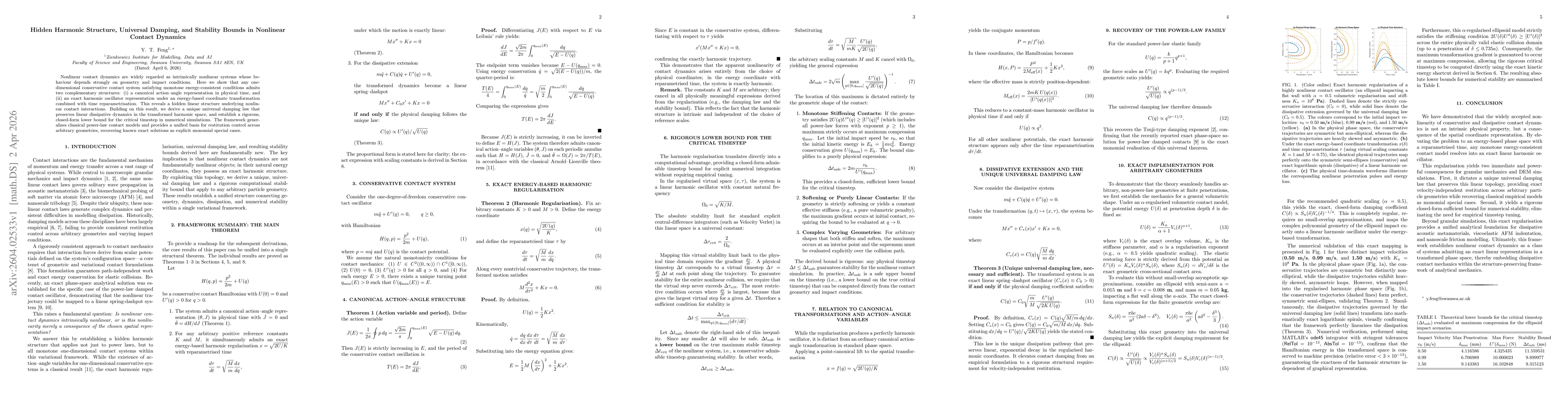 Thumbnail for Hidden Harmonic Structure, Universal Damping, and Stability Bounds in Nonlinear Contact Dynamics