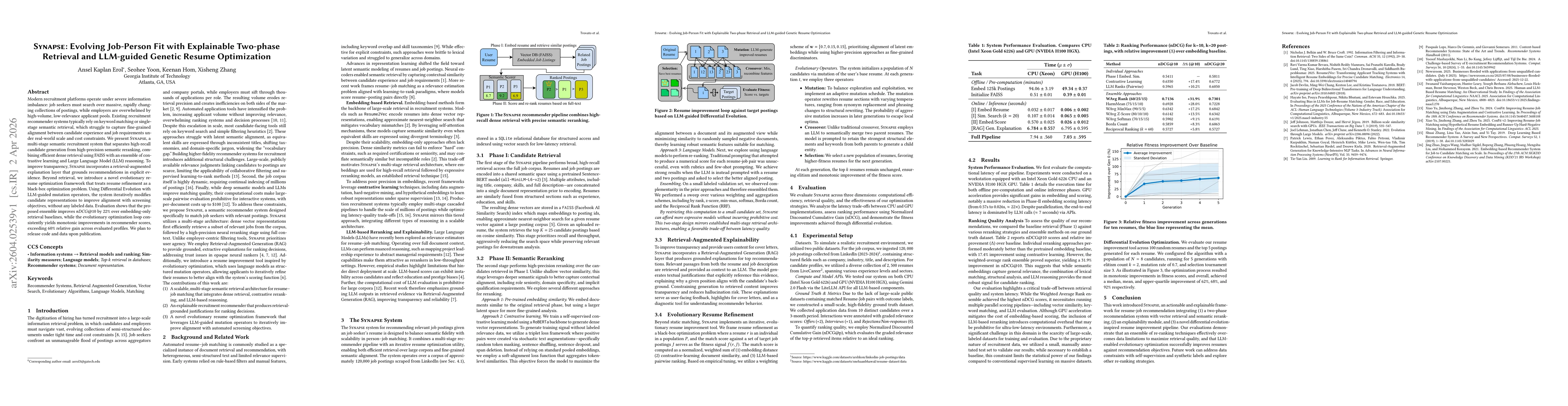 Thumbnail for Synapse: Evolving Job-Person Fit with Explainable Two-phase Retrieval and LLM-guided Genetic Resume Optimization