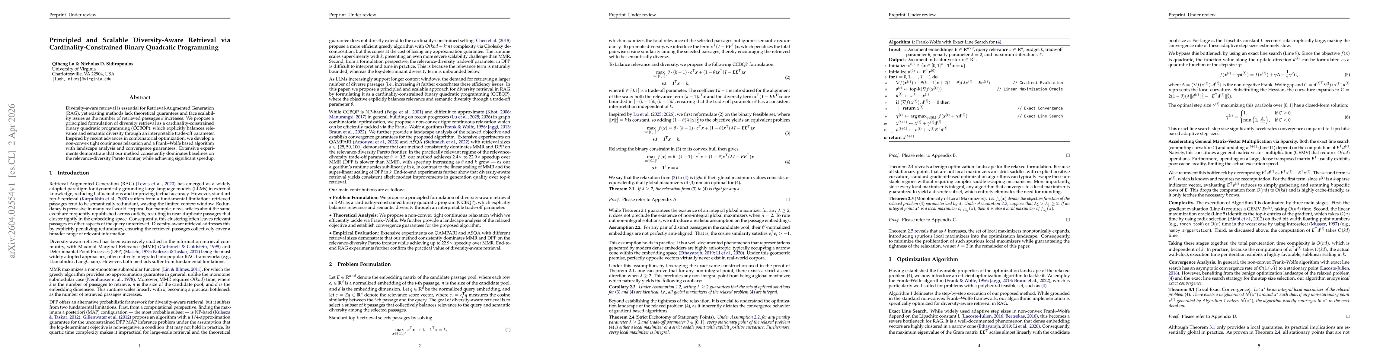 Thumbnail for Principled and Scalable Diversity-Aware Retrieval via Cardinality-Constrained Binary Quadratic Programming