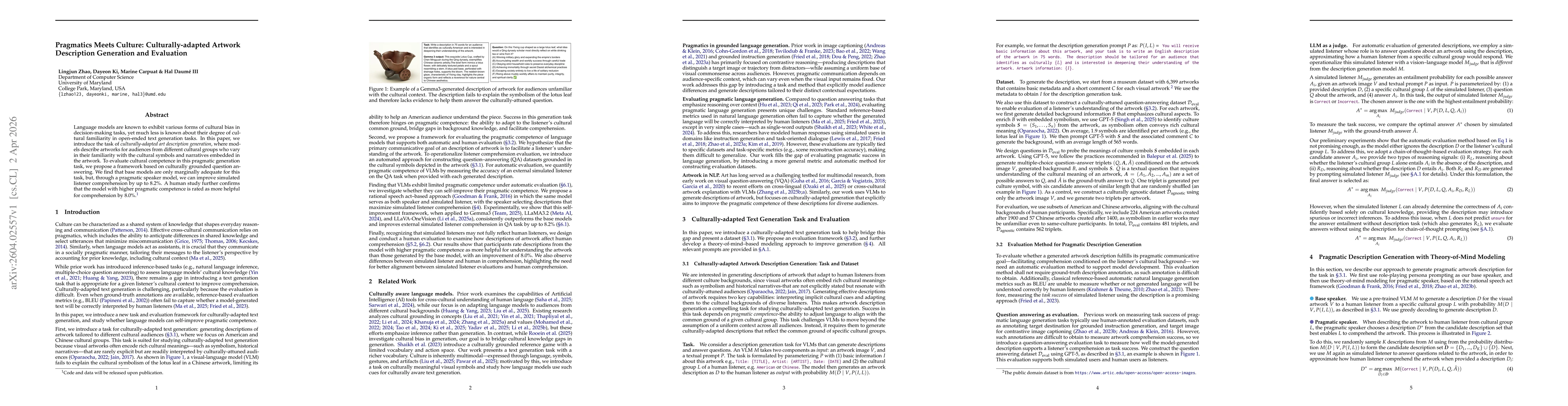 Thumbnail for Pragmatics Meets Culture: Culturally-adapted Artwork Description Generation and Evaluation