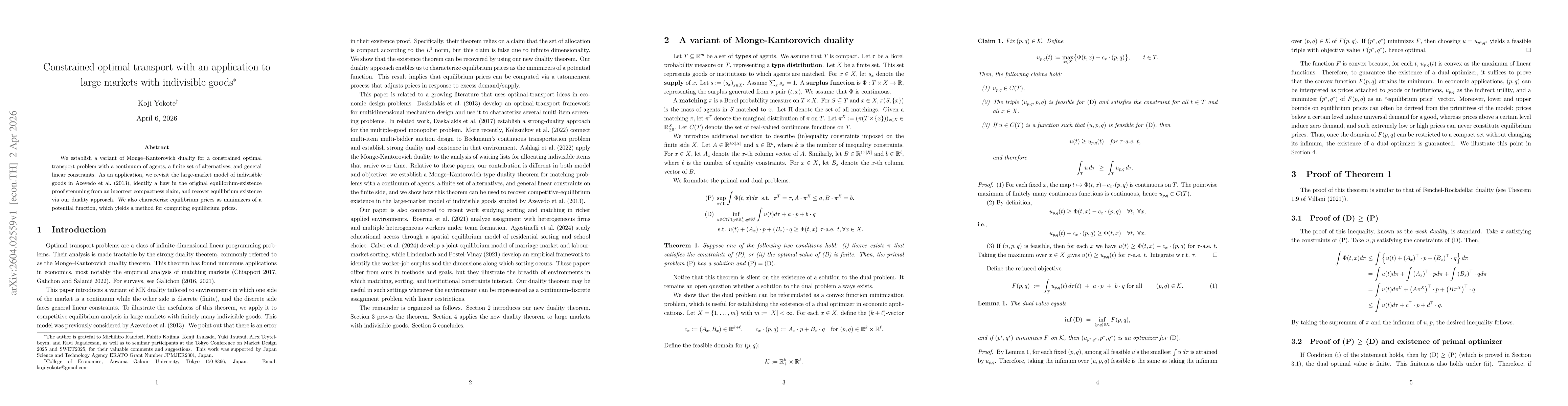 Thumbnail for Constrained optimal transport with an application to large markets with indivisible goods