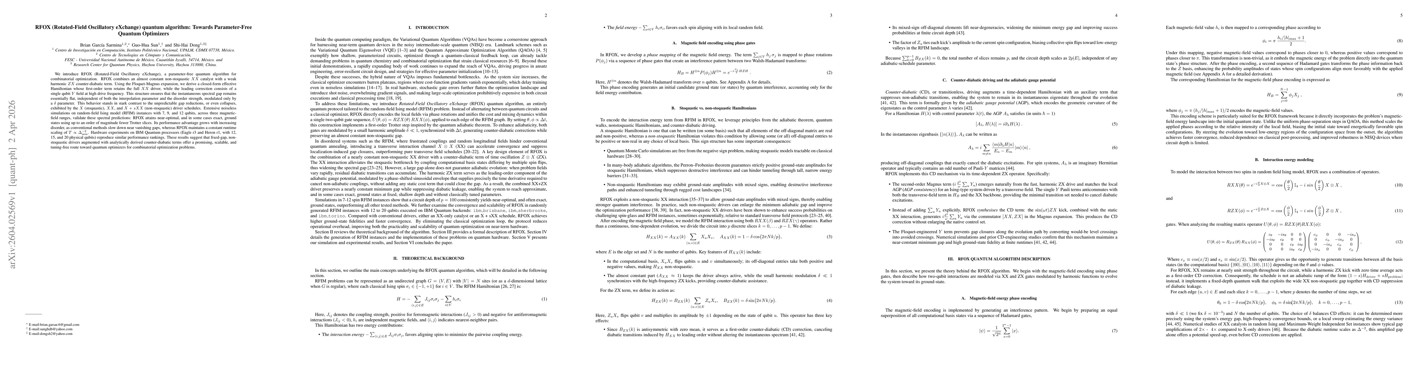 Thumbnail for RFOX (Rotated-Field Oscillatory eXchange) quantum algorithm: Towards Parameter-Free Quantum Optimizers