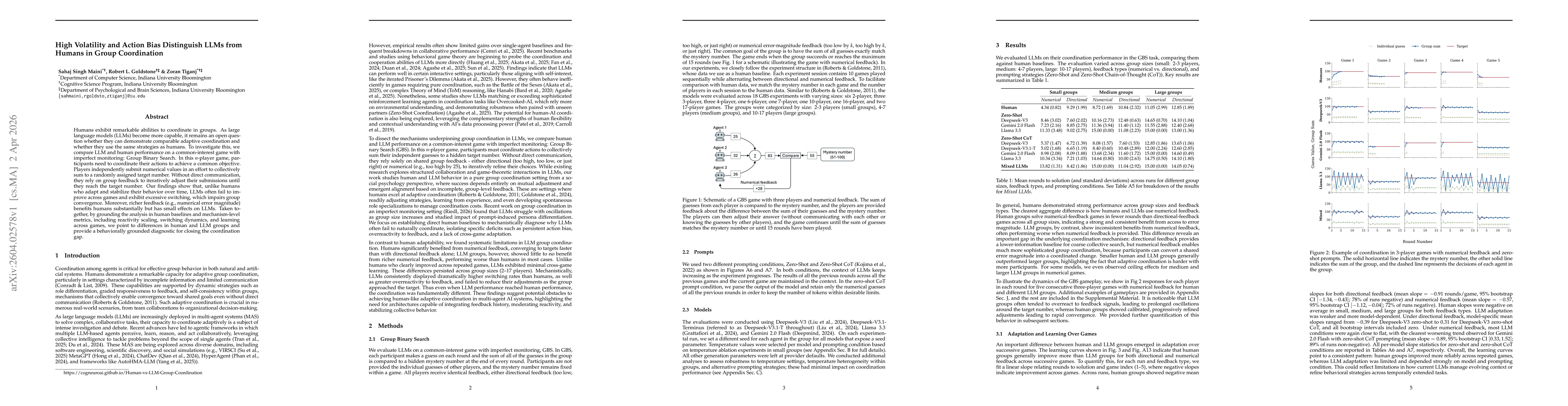 Thumbnail for High Volatility and Action Bias Distinguish LLMs from Humans in Group Coordination