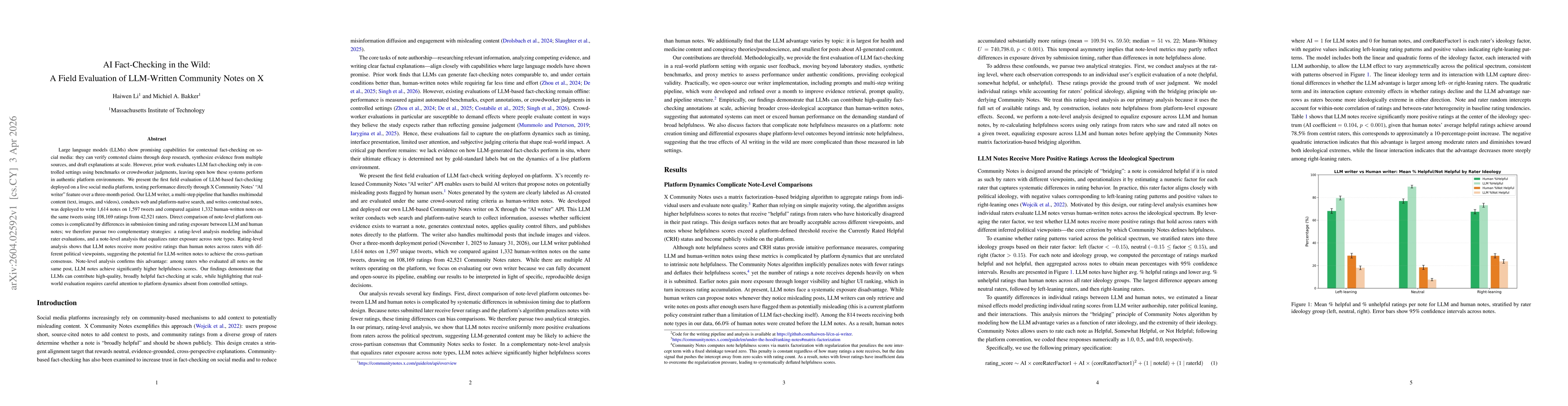 Thumbnail for AI Fact-Checking in the Wild: A Field Evaluation of LLM-Written Community Notes on X