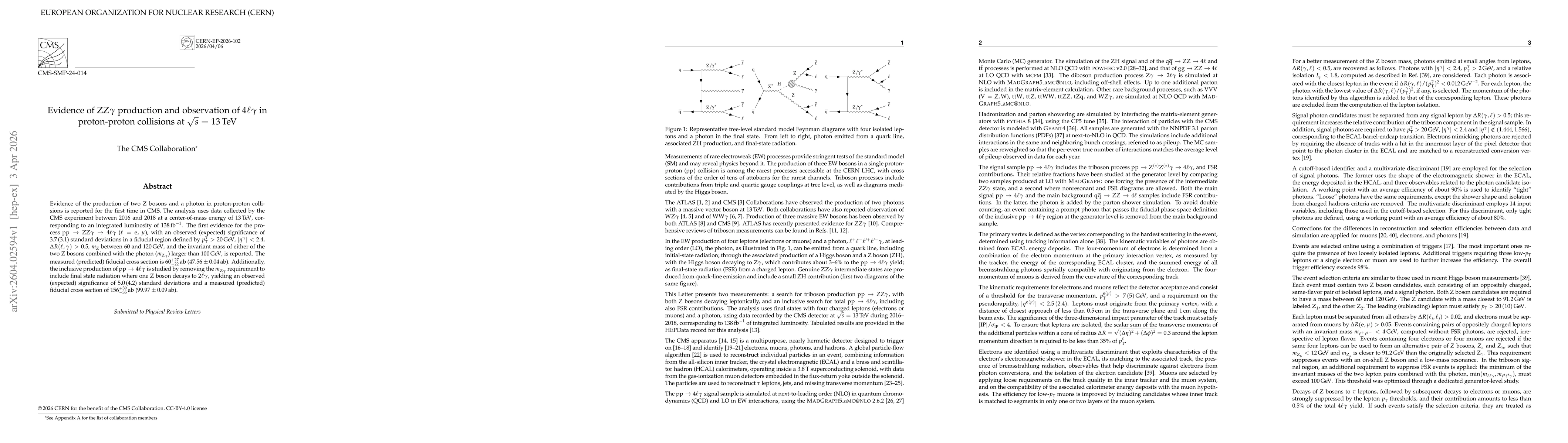 Thumbnail for Evidence of ZZ$γ$ production and observation of $4\ellγ$ in proton-proton collisions at $\sqrt{s}$ = 13 TeV